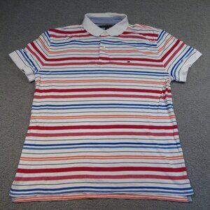 Tommy Hilfiger Mens Polo Large White Striped Classic Fit Short Sleeve Shirt